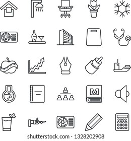 Thin Line Icon Set - boarding vector, office building, flower in pot, stethoscope, diet, sea shipping, warehouse storage, speaker, rca, copybook, ink pen, chair, hierarchy, pencil, air conditioner