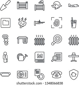 Thin Line Icon Set - boarding vector, plane, document search, desk, brainstorm, reload, trowel, watering can, container, no hook, cargo, folder, manager, children room, heater, air conditioner, menu