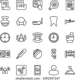 Thin Line Icon Set - boarding vector, team, contract, thermometer, tooth, patient, clock, no hook, shield, rack, cut, news, meeting, copier, stamp, estate search, children room, cushioned furniture