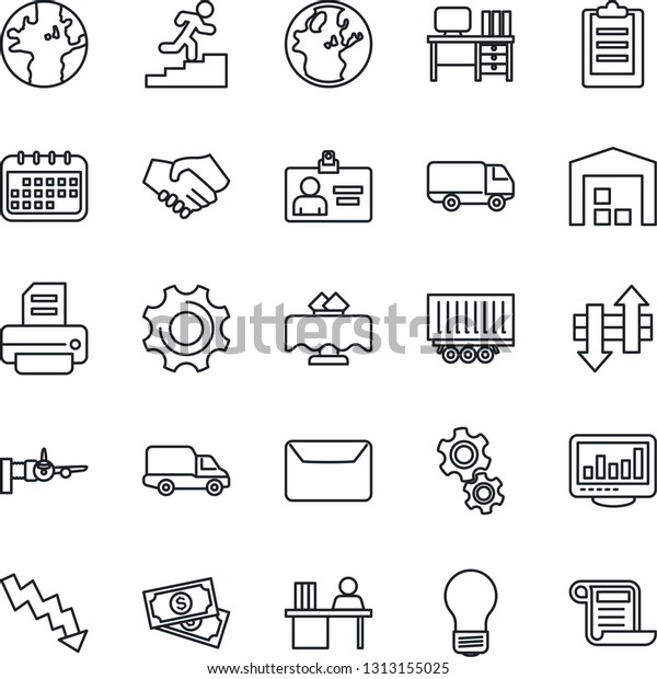 Thin Line Icon Set - boarding vector, identity\
card, desk, crisis graph, bulb, printer, earth, cash, truck\
trailer, car delivery, settings, data exchange, clipboard, monitor\
statistics, manager