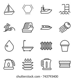 thin line icon set : boat, hex molecule, sea shipping, pool, surfer, cruise ship, yacht, jellyfish, drop, bath, radiator, bucket, kettle, plate washing, sponge