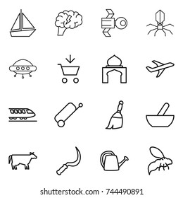 thin line icon set : boat, brain, satellite, virus, ufo, add to cart, minaret, plane, train, suitcase, broom, mortar, cow, sickle, watering can, wasp