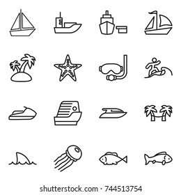 thin line icon set : boat, sea shipping, port, sail, island, starfish, diving mask, surfer, jet ski, cruise ship, yacht, palm hammock, shark flipper, jellyfish, fish