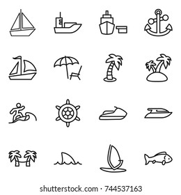 thin line icon set : boat, sea shipping, port, anchor, sail, lounger, palm, island, surfer, handwheel, jet ski, yacht, hammock, shark flipper, windsurfing, fish