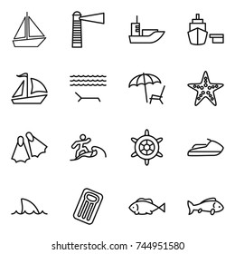 thin line icon set : boat, lighthouse, sea shipping, port, sail, lounger, starfish, flippers, surfer, handwheel, jet ski, shark flipper, inflatable mattress, fish