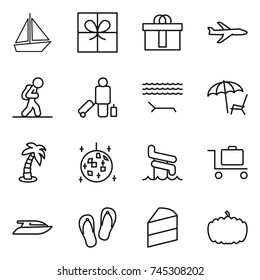 thin line icon set : boat, gift, hi quality package, plane, tourist, passenger, lounger, palm, disco ball, aquapark, baggage trolley, yacht, flip flops, cake, pumpkin