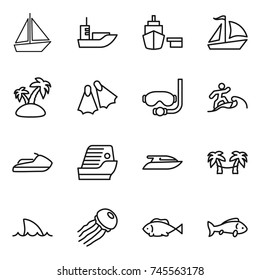 thin line icon set : boat, sea shipping, port, sail, island, flippers, diving mask, surfer, jet ski, cruise ship, yacht, palm hammock, shark flipper, jellyfish, fish