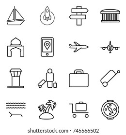 thin line icon set : boat, rocket, singlepost, airport building, minaret, mobile location, plane, tower, passenger, suitcase, lounger, island, baggage trolley, compass