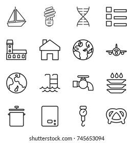 thin line icon set : boat, bulb, dna, list, mansion, home, globe, plane, earth, pool, water tap, plate washing, pan, kitchen scales, handle, pretzel