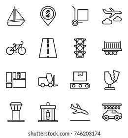 thin line icon set : boat, dollar pin, cargo stoller, journey, bike, road, traffic light, truck shipping, consolidated, fork loader, transporter tape, broken, airport tower, detector, arrival