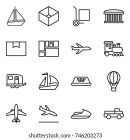 thin line icon set : boat, box, cargo stoller, airport building, package, consolidated, plane, train, trailer, sail, taxi, air ballon, airplane, arrival, jet ski, pickup