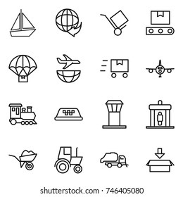 thin line icon set : boat, delivery, trolley, transporter tape, parachute, plane shipping, fast deliver, train, taxi, airport tower, detector, wheelbarrow, tractor, trash truck, package