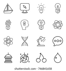 thin line icon set : boat, monitor arrow, bulb, head, brain, atom, dna, table lamp, balloon, goverment house, disco ball, cherry, drop