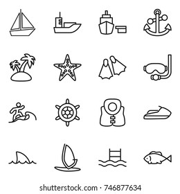 thin line icon set : boat, sea shipping, port, anchor, island, starfish, flippers, diving mask, surfer, handwheel, life vest, jet ski, shark flipper, windsurfing, pool, fish