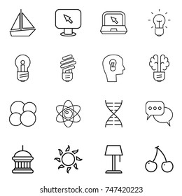 thin line icon set : boat, monitor arrow, notebook, bulb, head, brain, atom core, dna, discussion, goverment house, sun, floor lamp, cherry