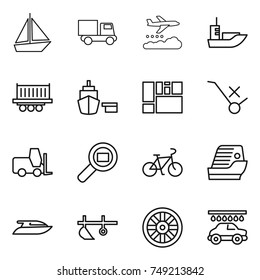 thin line icon set : boat, truck, weather management, sea shipping, port, consolidated cargo, do not trolley sign, fork loader, search, bike, cruise ship, yacht, plow, wheel, car wash