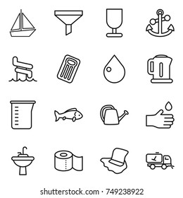 thin line icon set : boat, funnel, fragile, anchor, aquapark, inflatable mattress, drop, kettle, measuring cup, fish, watering can, hand, water tap sink, toilet paper, floor washing