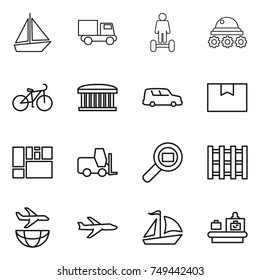 thin line icon set : boat, truck, hoverboard, lunar rover, bike, airport building, car shipping, package box, consolidated cargo, fork loader, search, pallet, plane, sail, baggage checking