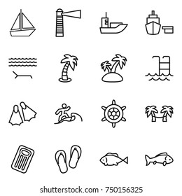 thin line icon set : boat, lighthouse, sea shipping, port, lounger, palm, island, pool, flippers, surfer, handwheel, hammock, inflatable mattress, flip flops, fish