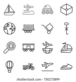 thin line icon set : boat, weather management, lunar rover, box, globe, truck shipping, trolley, do not hook sign, cargo search, railroad, plane, sail, air ballon, motorcycle, departure, jet ski