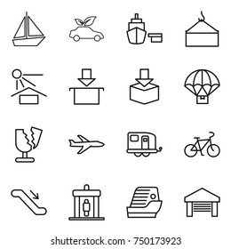 thin line icon set : boat, eco car, port, loading crane, sun potection, package, parachute delivery, broken, plane, trailer, bike, escalator, detector, cruise ship, garage