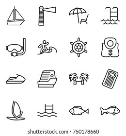 thin line icon set : boat, lighthouse, lounger, pool, diving mask, surfer, handwheel, life vest, jet ski, cruise ship, palm hammock, inflatable mattress, windsurfing, fish