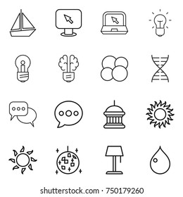 thin line icon set : boat, monitor arrow, notebook, bulb, brain, atom core, dna, discussion, balloon, goverment house, sun, disco ball, floor lamp, drop