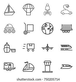 thin line icon set : boat, parachute, hoverboard, electric car, lunar rover, cargo stoller, globe, truck shipping, port, fast deliver, plane, train, trailer, sail, airport tower, yacht