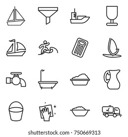 thin line icon set : boat, funnel, sea shipping, fragile, sail, surfer, inflatable mattress, windsurfing, water tap, bath, washing, jug, bucket, wiping, foam basin, home call cleaning