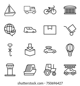 thin line icon set : boat, truck, bike, airport building, delivery, car shipping, package box, trolley, do not hook sign, baggage, air ballon, tower, cruise ship, tractor, wash