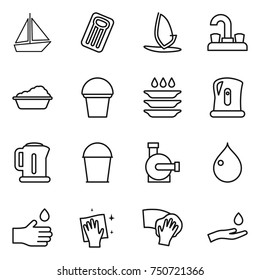 thin line icon set : boat, inflatable mattress, windsurfing, water tap, washing, bucket, plate, kettle, pump, drop, hand, wiping, and