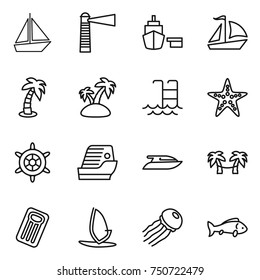 thin line icon set : boat, lighthouse, port, sail, palm, island, pool, starfish, handwheel, cruise ship, yacht, hammock, inflatable mattress, windsurfing, jellyfish, fish
