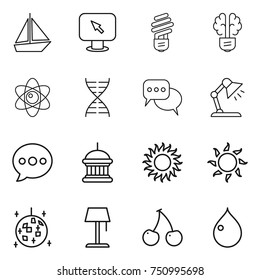 thin line icon set : boat, monitor arrow, bulb, brain, atom, dna, discussion, table lamp, balloon, goverment house, sun, disco ball, floor, cherry, drop