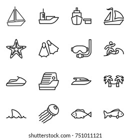 thin line icon set : boat, sea shipping, port, sail, starfish, flippers, diving mask, surfer, jet ski, cruise ship, yacht, palm hammock, shark flipper, jellyfish, fish
