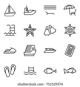 thin line icon set : boat, sea shipping, lounger, pool, starfish, flippers, handwheel, jet ski, cruise ship, yacht, inflatable mattress, flip flops, fish