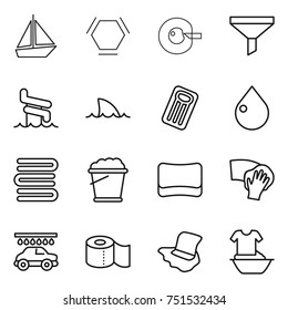 thin line icon set : boat, hex molecule, cell corection, funnel, aquapark, shark flipper, inflatable mattress, drop, towels, foam bucket, sponge, wiping, car wash, toilet paper, floor washing