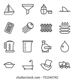 thin line icon set : boat, funnel, port, shark flipper, inflatable mattress, jellyfish, radiator, plate washing, kettle, measuring cup, water pump, drop, foam basin, bath, floor, home call cleaning