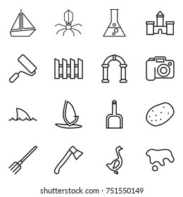 thin line icon set : boat, virus, flask, castle, repair, fence, arch, camera, shark flipper, windsurfing, scoop, potato, fork, axe, goose, spot