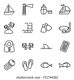 thin line icon set : boat, lighthouse, port, sail, island, pool, flippers, diving mask, life vest, palm hammock, shark flipper, inflatable mattress, jellyfish, flip flops, fish