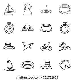 thin line icon set : boat, chess horse, target, smart bracelet, stopwatch, dome house, stadium, car baggage, deltaplane, bike, surfer, windsurfing, inflatable pool