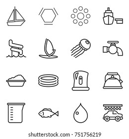 thin line icon set : boat, hex molecule, round around, port, aquapark, windsurfing, jellyfish, water tap, washing, inflatable pool, kettle, measuring cup, fish, drop, car wash