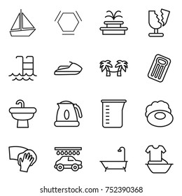 thin line icon set : boat, hex molecule, fountain, broken, pool, jet ski, palm hammock, inflatable mattress, sink, kettle, measuring cup, soap, wiping, car wash, bath, handle washing
