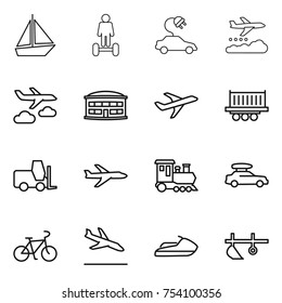 thin line icon set : boat, hoverboard, electric car, weather management, journey, airport building, plane, truck shipping, fork loader, train, baggage, bike, arrival, jet ski, plow