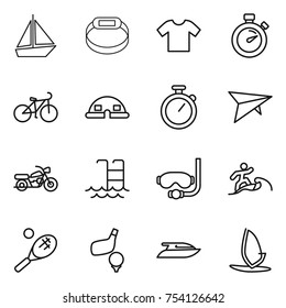 thin line icon set : boat, smart bracelet, t shirt, stopwatch, bike, dome house, deltaplane, motorcycle, pool, diving mask, surfer, tennis, golf, yacht, windsurfing