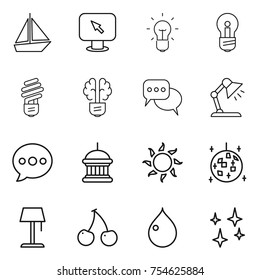 thin line icon set : boat, monitor arrow, bulb, brain, discussion, table lamp, balloon, goverment house, sun, disco ball, floor, cherry, drop, shining