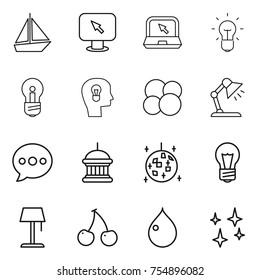 thin line icon set : boat, monitor arrow, notebook, bulb, head, atom core, table lamp, balloon, goverment house, disco ball, floor, cherry, drop, shining