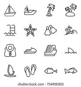 thin line icon set : boat, sea shipping, palm, island, pool, starfish, flippers, surfer, life vest, jet ski, cruise ship, shark flipper, windsurfing, flip flops, fish