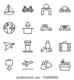 thin line icon set : boat, bridge, minaret, dome house, globe, package, car baggage, taxi, deltaplane, airport tower, passenger, suitcase, get, departure, flippers, reception