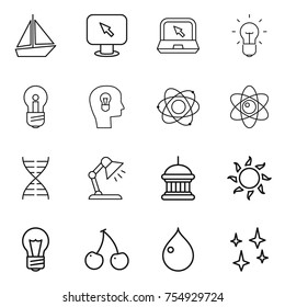 thin line icon set : boat, monitor arrow, notebook, bulb, head, atom, dna, table lamp, goverment house, sun, cherry, drop, shining