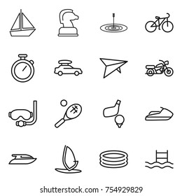 thin line icon set : boat, chess horse, target, bike, stopwatch, car baggage, deltaplane, motorcycle, diving mask, tennis, golf, jet ski, yacht, windsurfing, inflatable pool